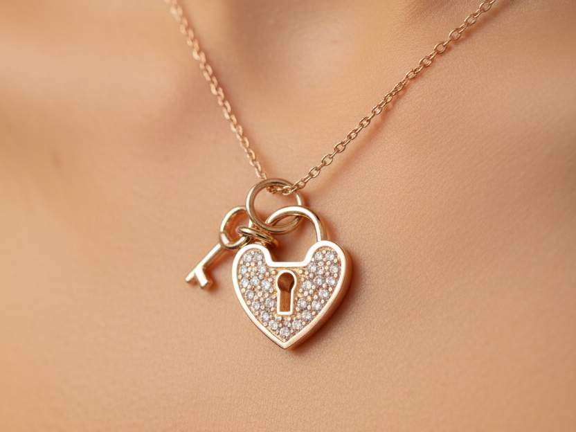 Rose Plated Silver with White Cz Stone Padlock and Key Pendant