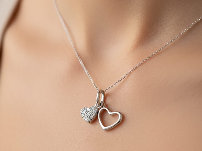 Silver with White Cz Stone Double Heart Pendant