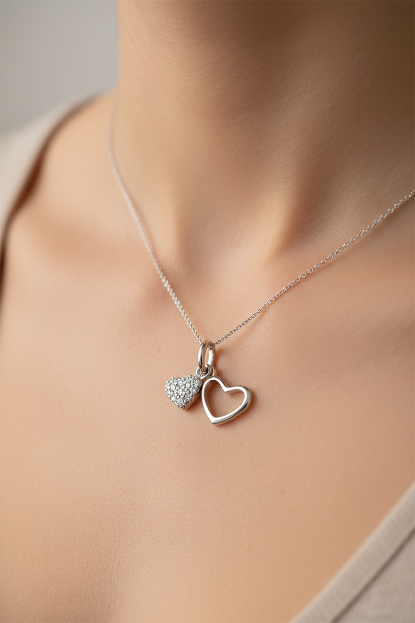 Silver with White Cz Stone Double Heart Pendant