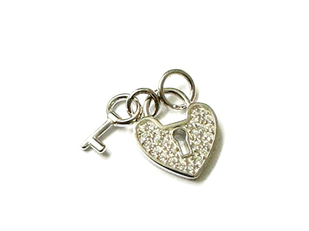 Silver with White Cz Stone Padlock and Key Pendant