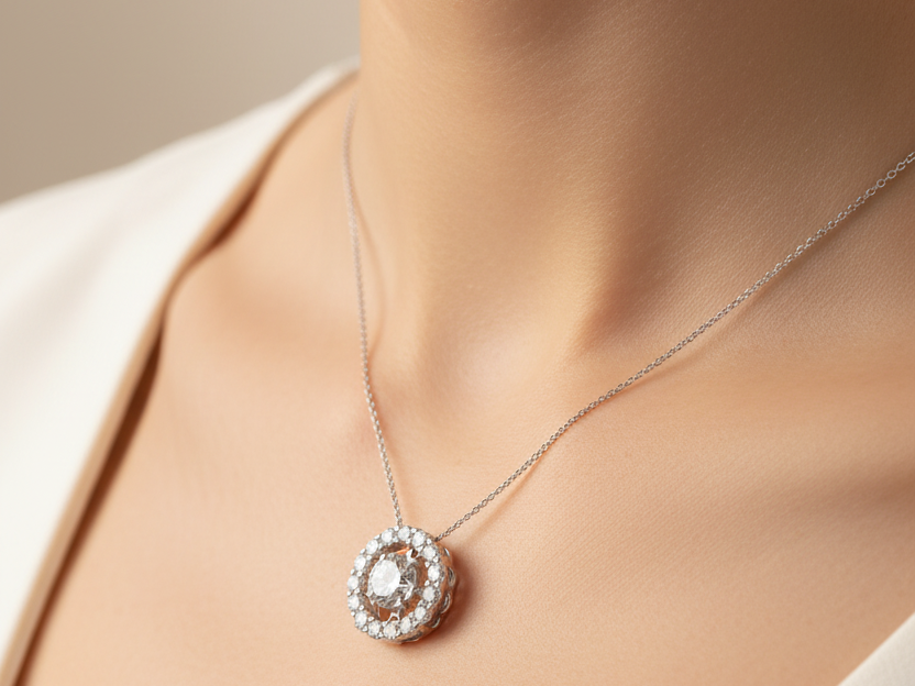 A White Cubic Zirconia Dancing Stone Pendant.