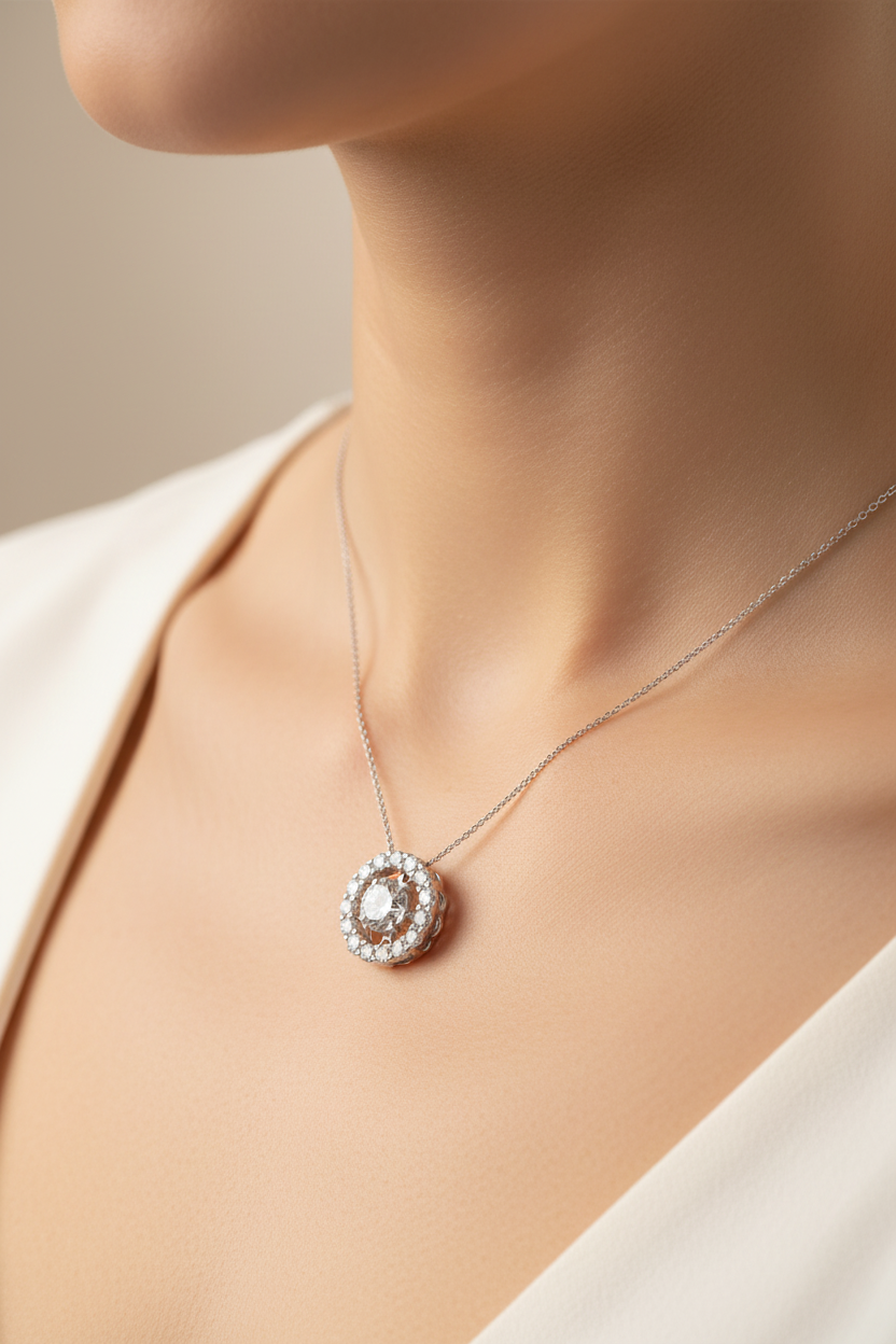 A White Cubic Zirconia Dancing Stone Pendant.