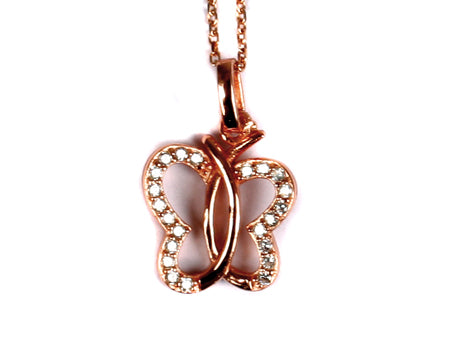 A Rose Plated On Silver Butterfly With White Cubic Zirconia Pendant & Chain