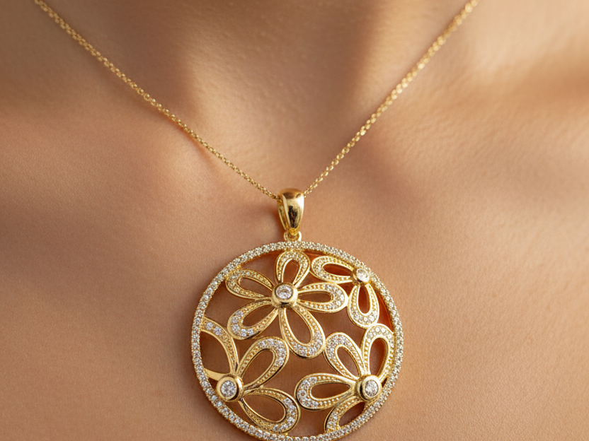 Yellow Plated  Silver with White Cz Stone Pendant
