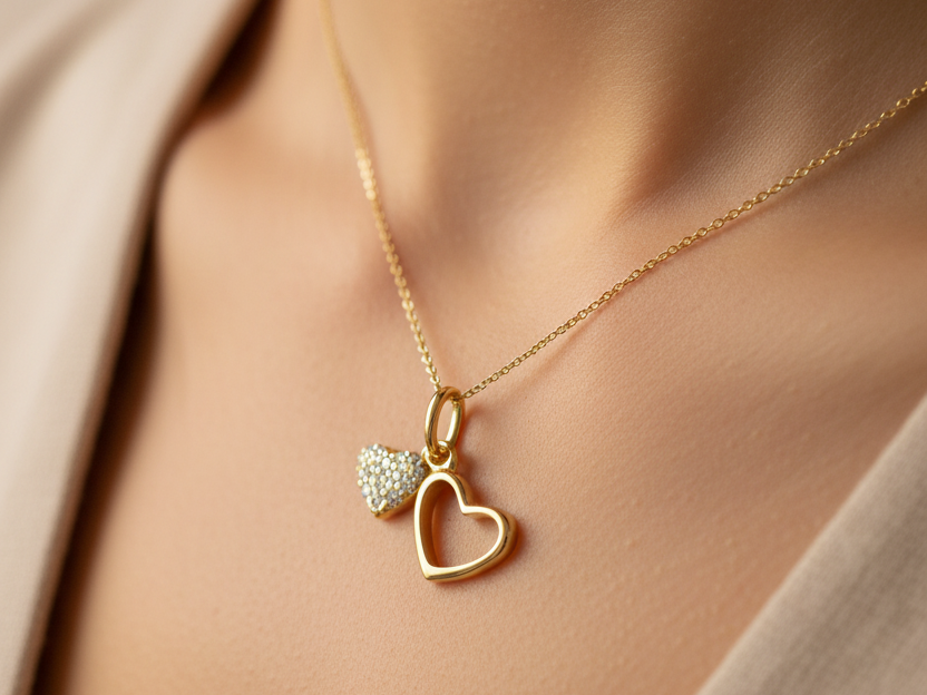 Yellow Plated  Silver with White Cz Stone Double Heart Pendant