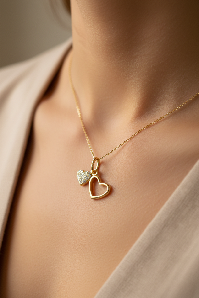Yellow Plated  Silver with White Cz Stone Double Heart Pendant