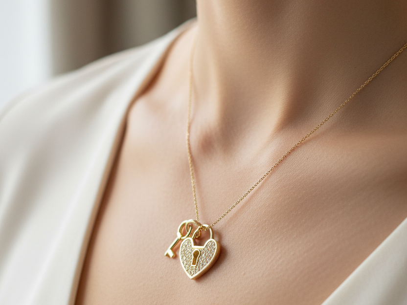 Yellow Plated Silver with White Cz Stone Padlock and Key Pendant