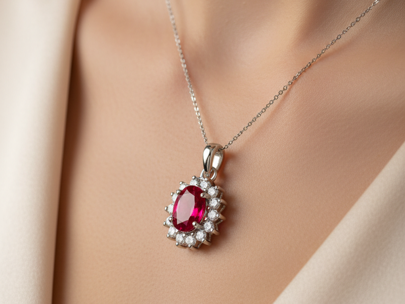 9 CT White Gold Ruby Cz Pendant.
