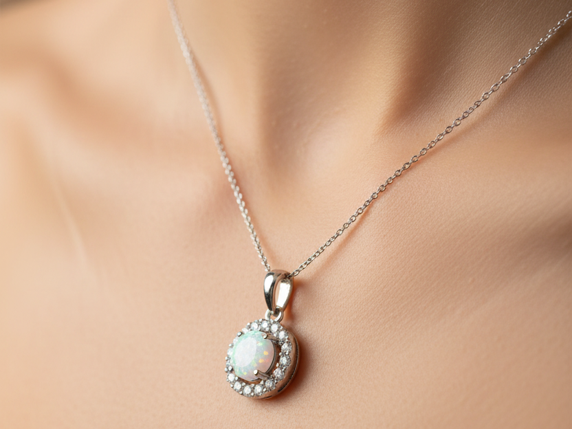 9 CT White Gold Opal Pendant Chained