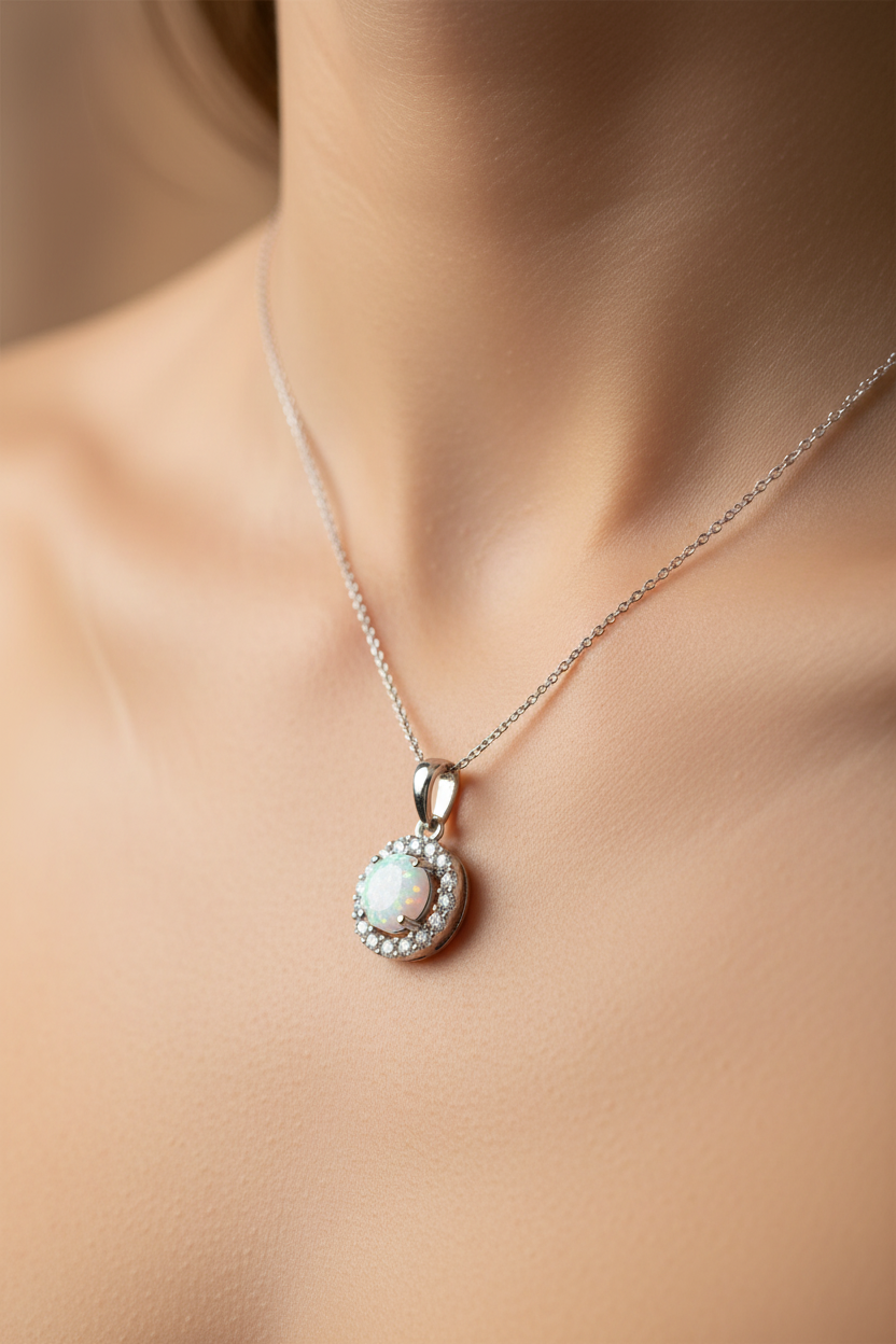 9 CT White Gold Opal Pendant Chained