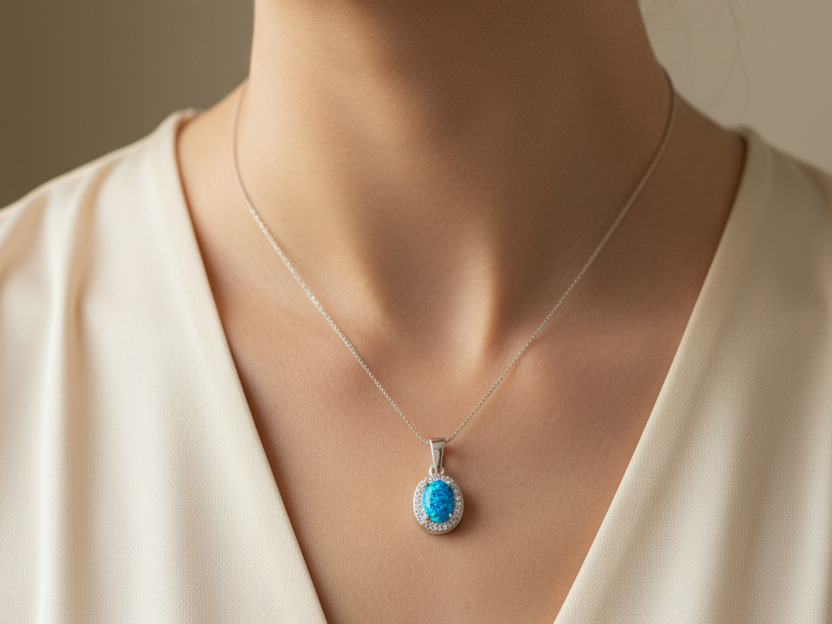 Blue Opal And Cz Pendant