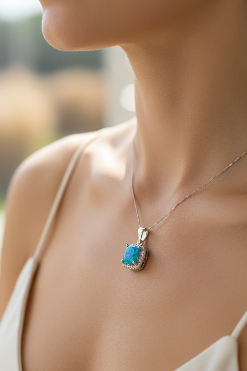 Blue Opal And Cz Pendant