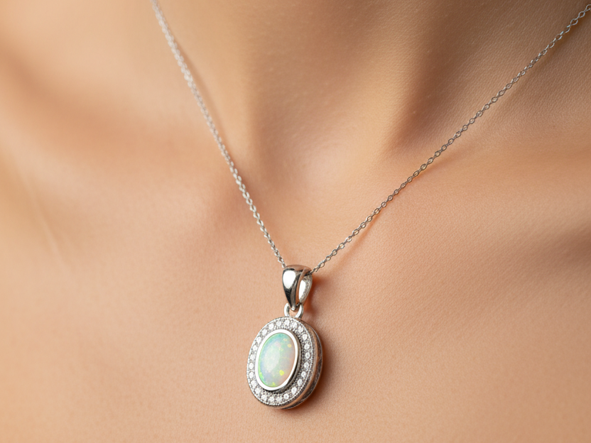 Opal And Cz Silver Pendant