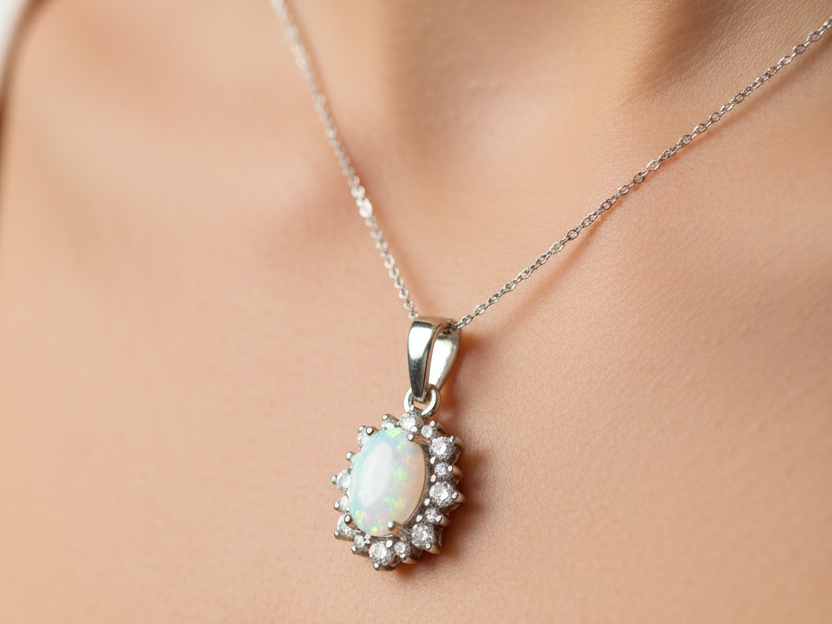 Opal And Cz Silver Pendant