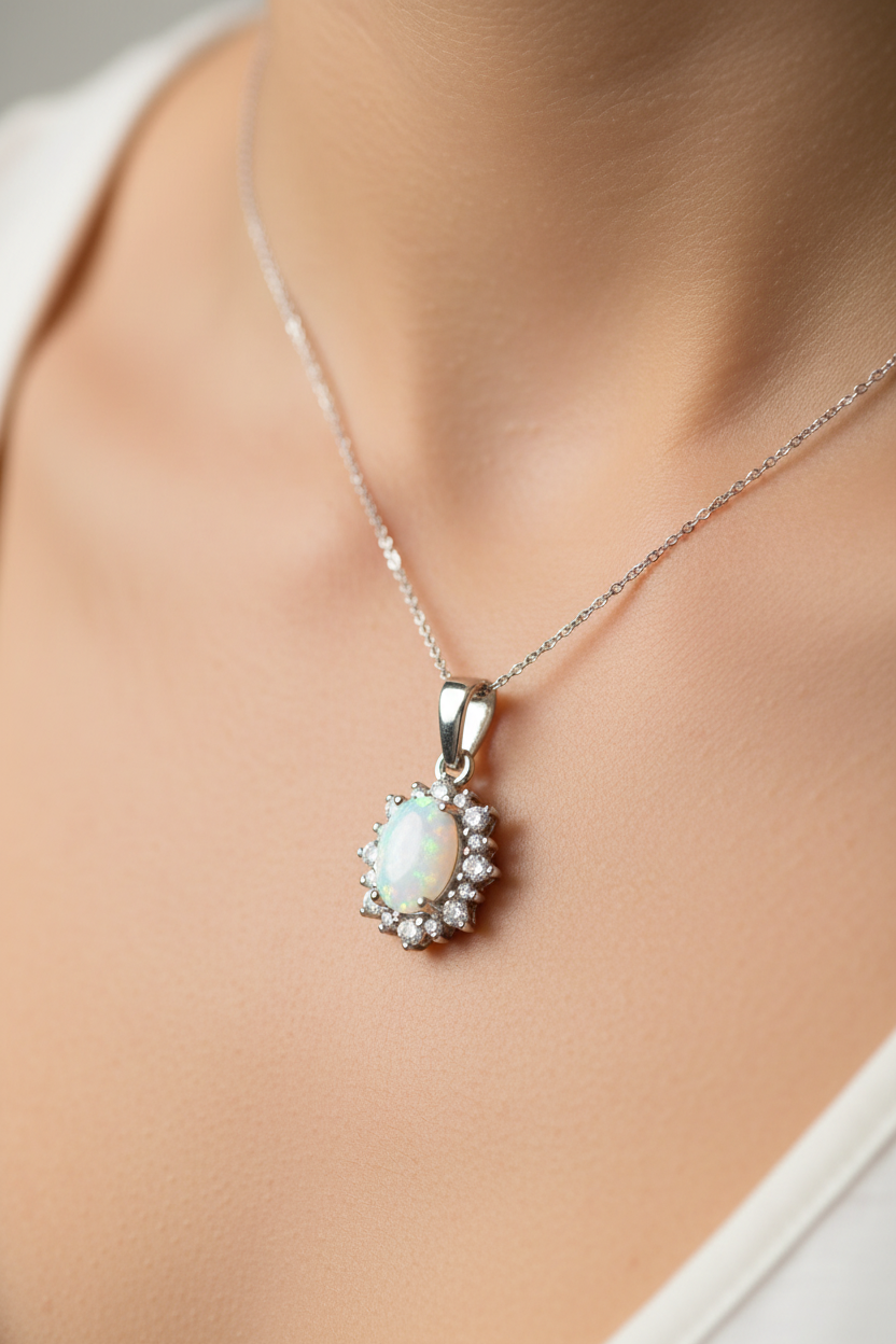 Opal And Cz Silver Pendant