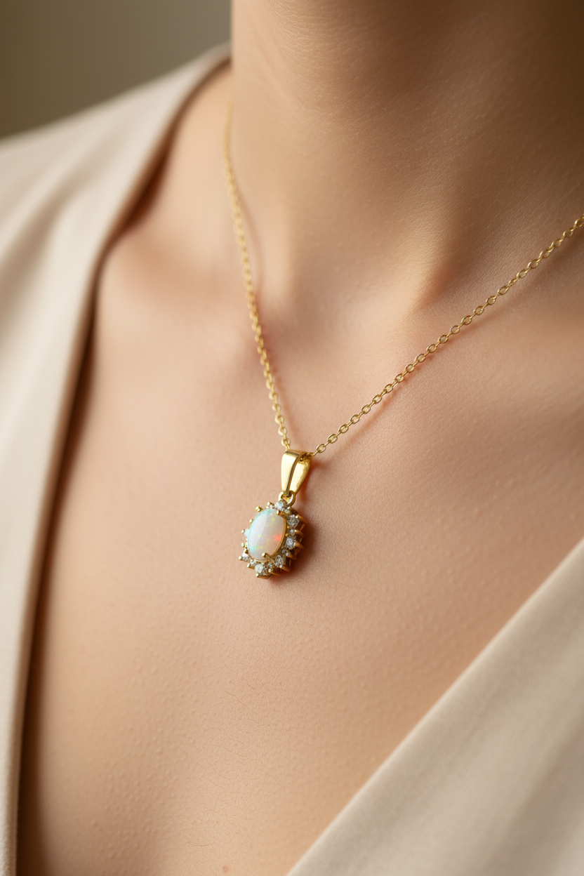 Opal And Cz Silver Gold Plated Pendant