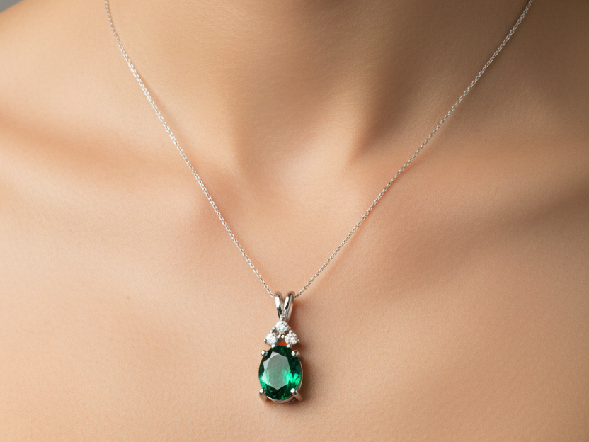 9 CT White Gold Emerald And White Cz Pendant