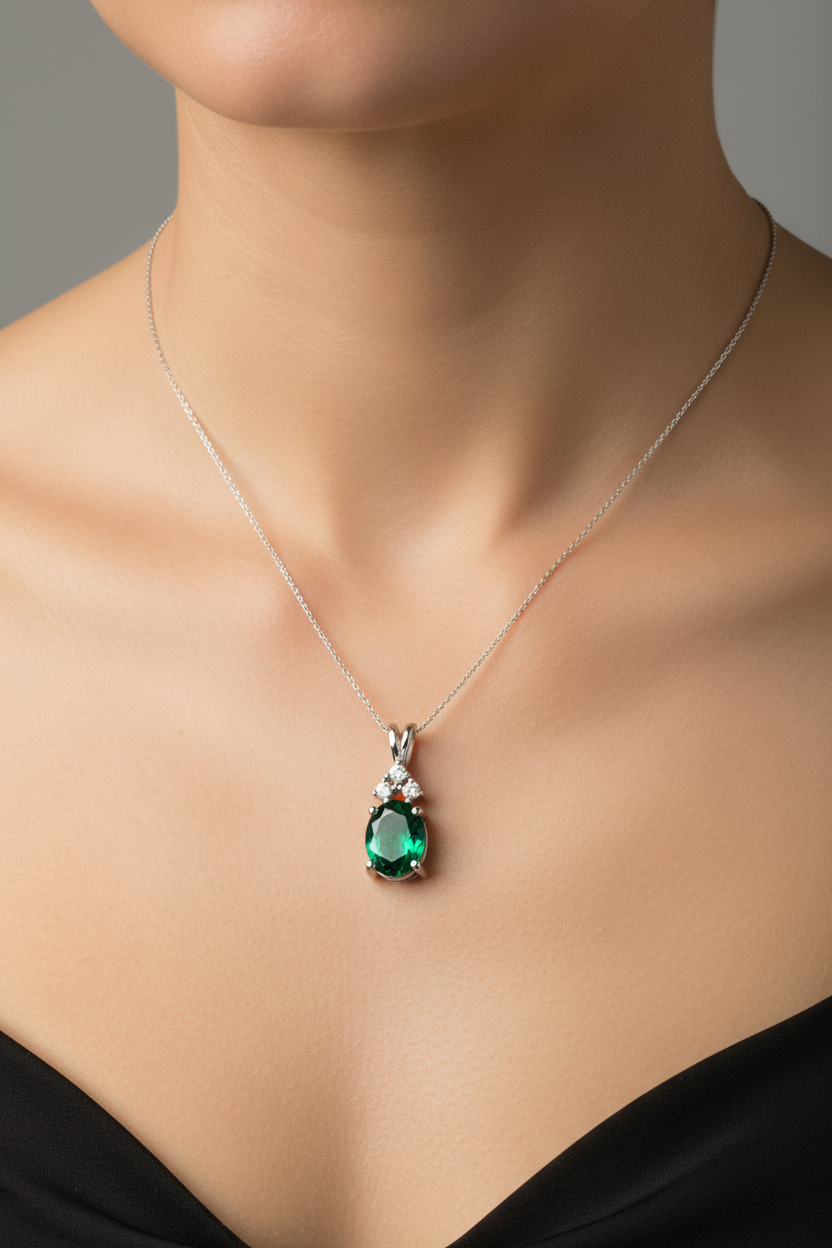 9 CT White Gold Emerald And White Cz Pendant