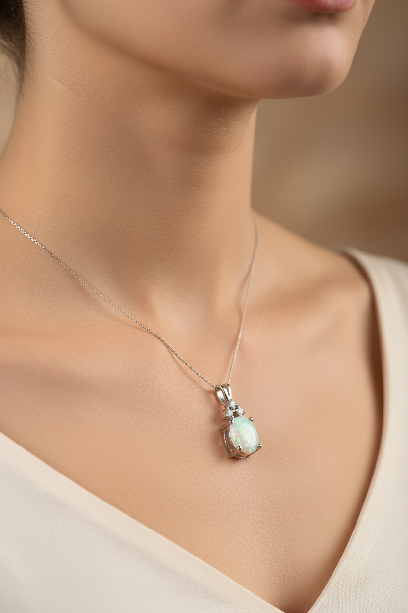 9 CT White Gold Opal And White Cz Pendant