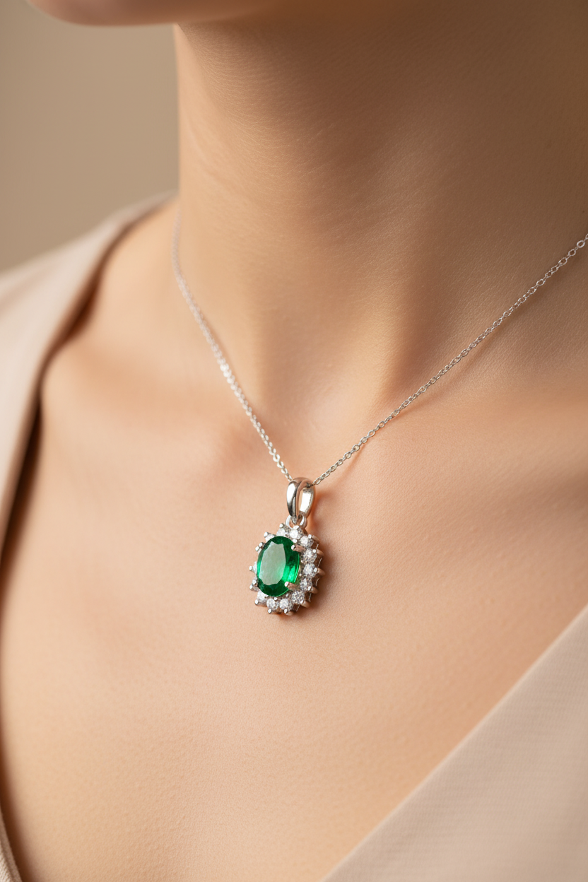 9 CT White Gold Emerald Cz Pendant.