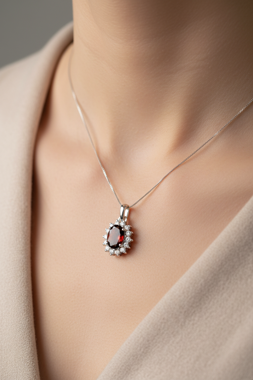 9 CT White Gold Garnet Pendant