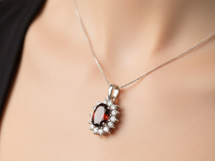 9 CT White Gold Garnet Pendant Chained