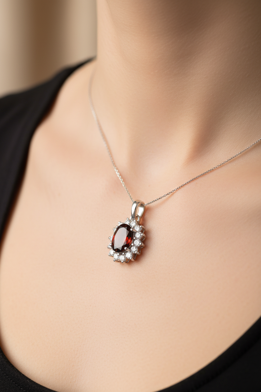 9 CT White Gold Garnet Pendant Chained
