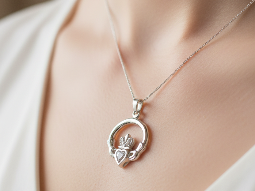9CT White Gold Claddagh Pendant.