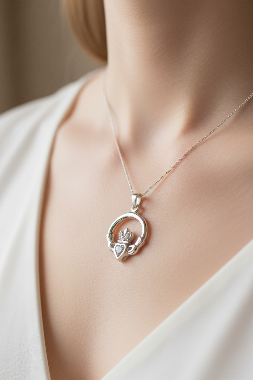 9CT White Gold Claddagh Pendant.