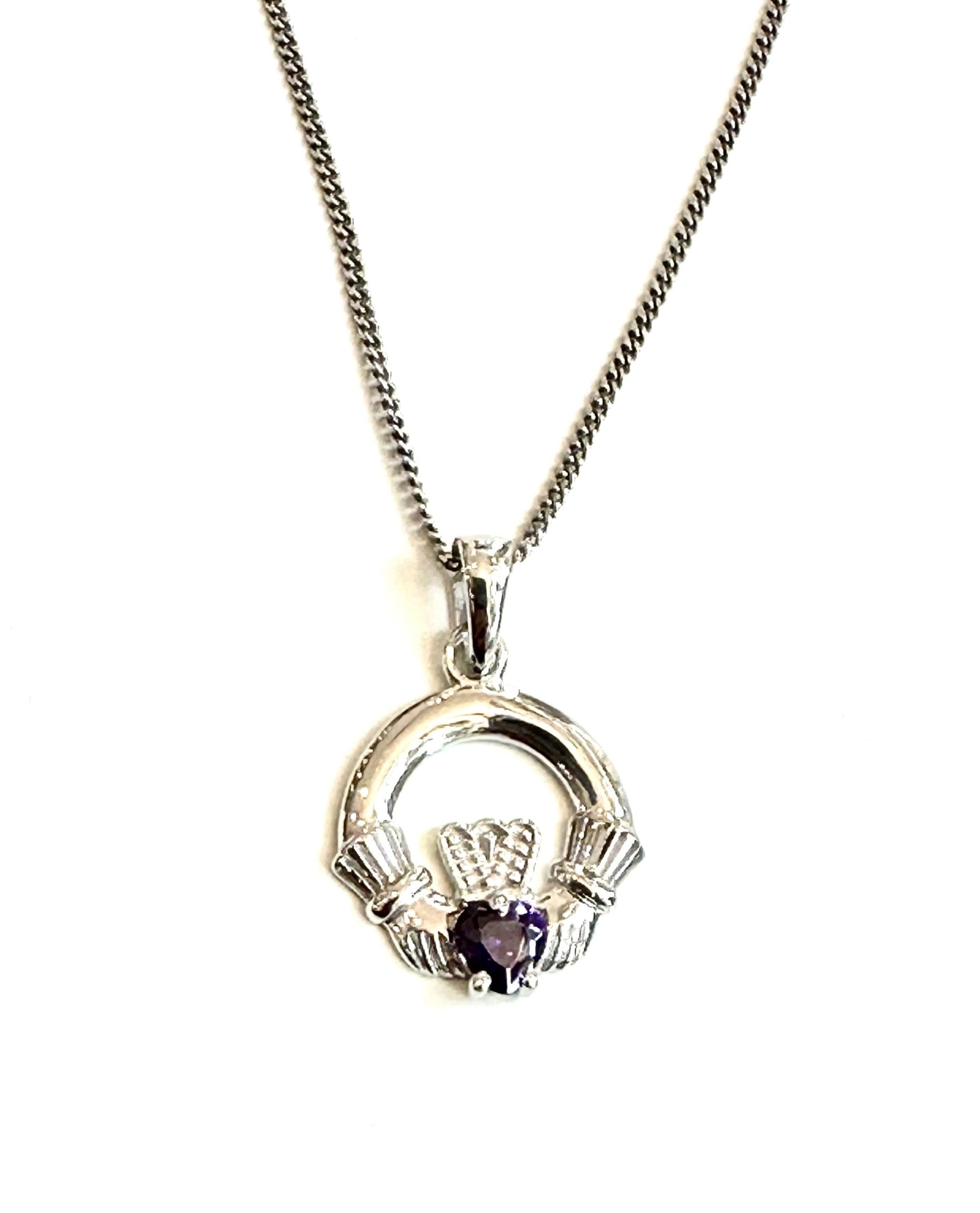 9CT White Gold Amethyst Birthstone Claddagh Pendant.
