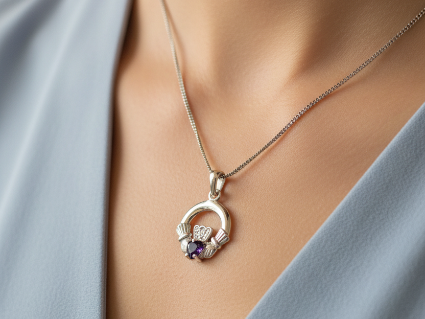 9CT White Gold Amethyst Birthstone Claddagh Pendant.