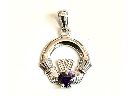 9CT White Gold Amethyst Birthstone Claddagh Pendant.