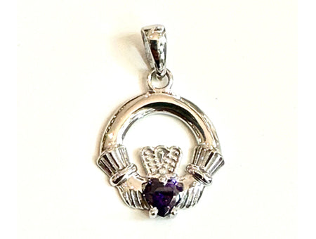 9CT White Gold Amethyst Birthstone Claddagh Pendant.