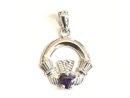 Claddagh February Birthstone Amethyst Stone set Silver Rodium Plated Pendant