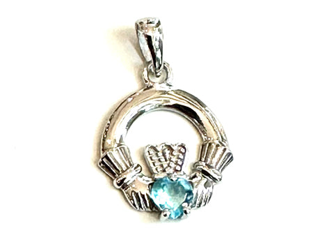9CT White Gold Aqua Birthstone Claddagh Pendant.