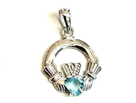 Claddagh March Birthstone Aquamarine Stone set Silver Rodium Plated Pendant