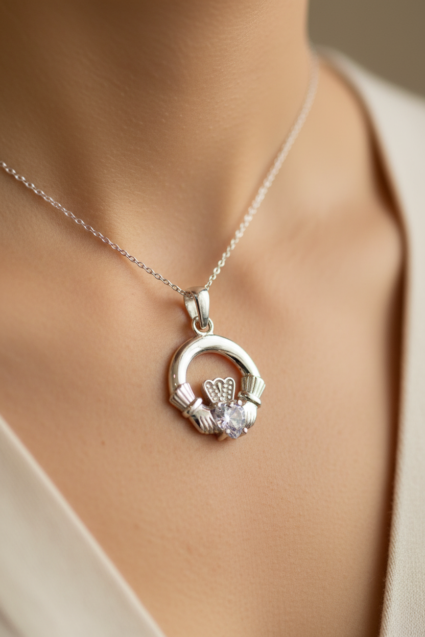 9CT White Gold Alexandrite Birthstone Claddagh Pendant.