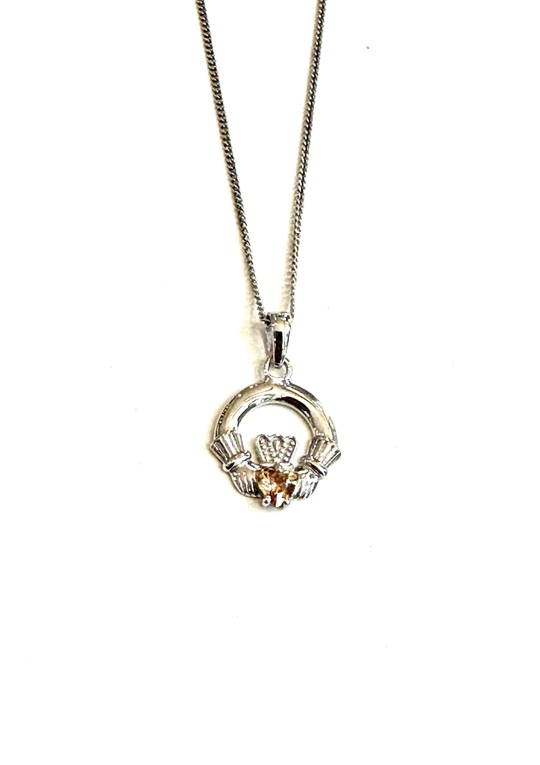 9CT White Gold Champagne Birthstone Claddagh Pendant
