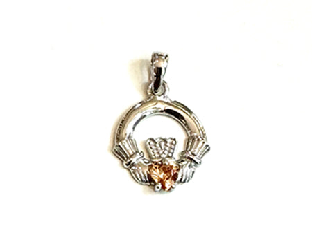 9CT White Gold Champagne Birthstone Claddagh Pendant