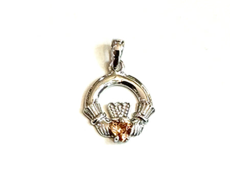 9CT White Gold Champagne Birthstone Claddagh Pendant