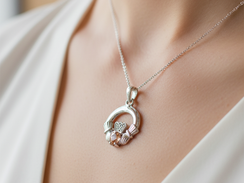 9CT White Gold Champagne Birthstone Claddagh Pendant
