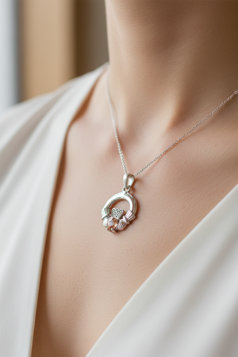 9CT White Gold Champagne Birthstone Claddagh Pendant