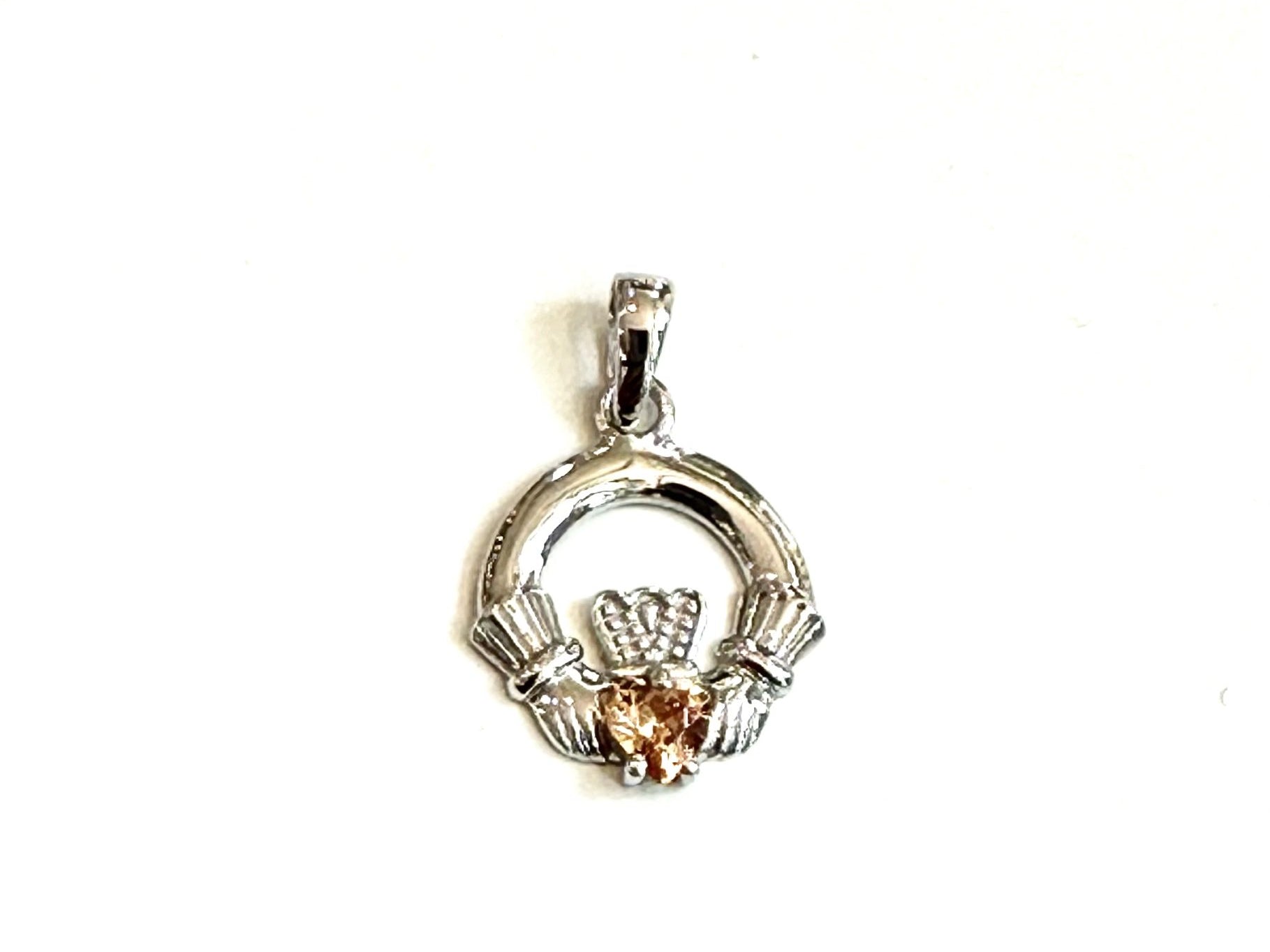 9CT White Gold Champagne Birthstone Claddagh Pendant
