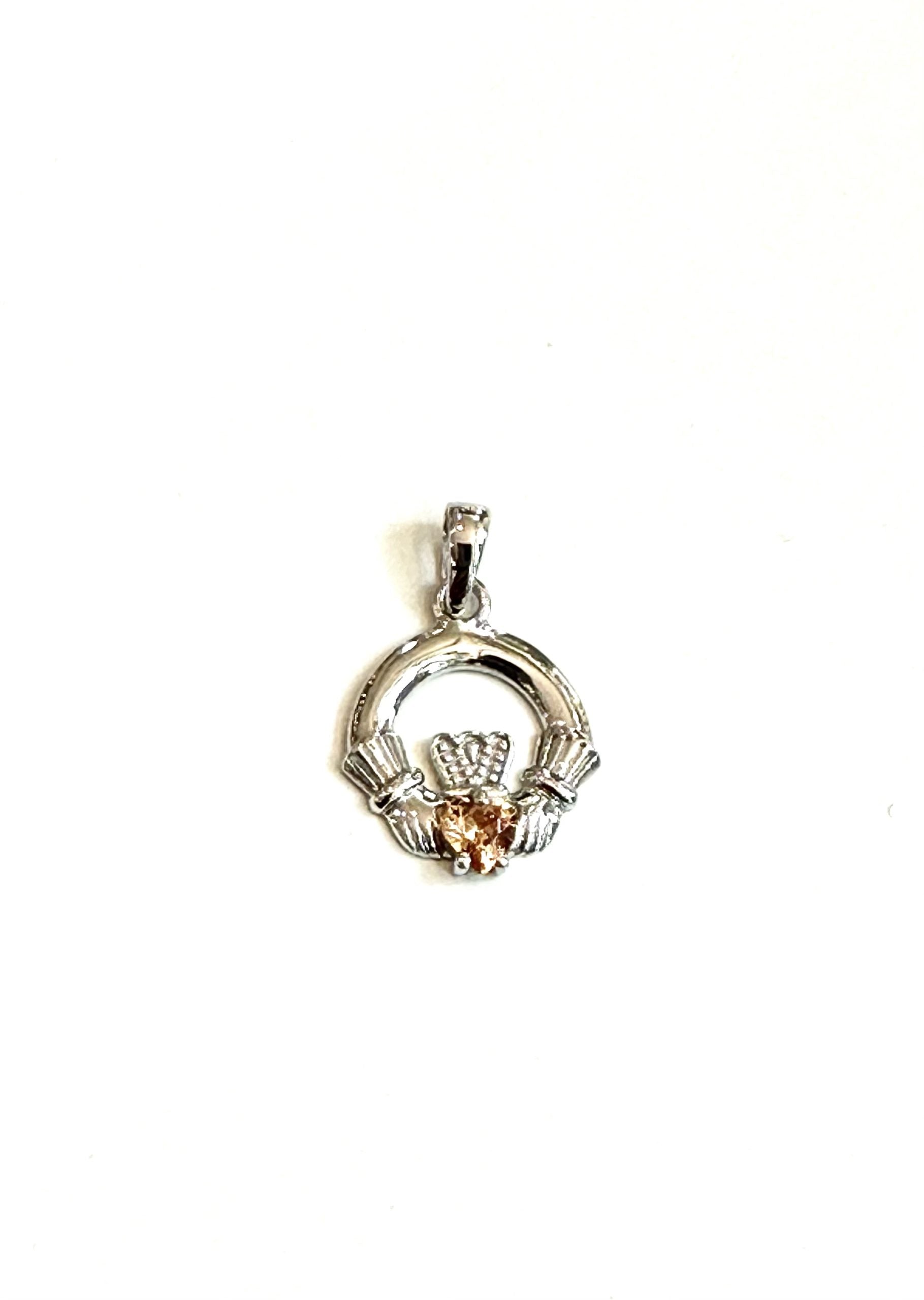 9CT White Gold Champagne Birthstone Claddagh Pendant