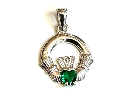 9CT White Gold Emerald Birthstone Claddagh Pendant.