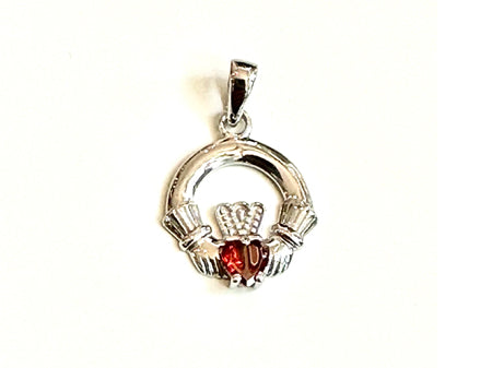 9CT White Gold Garnet Birthstone Claddagh Pendant.