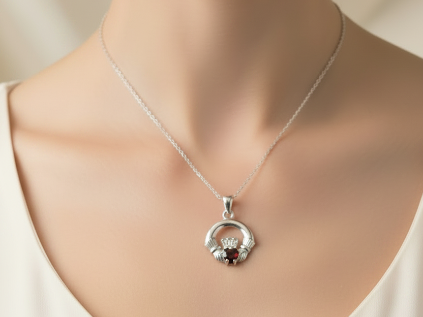 9CT White Gold Garnet Birthstone Claddagh Pendant.