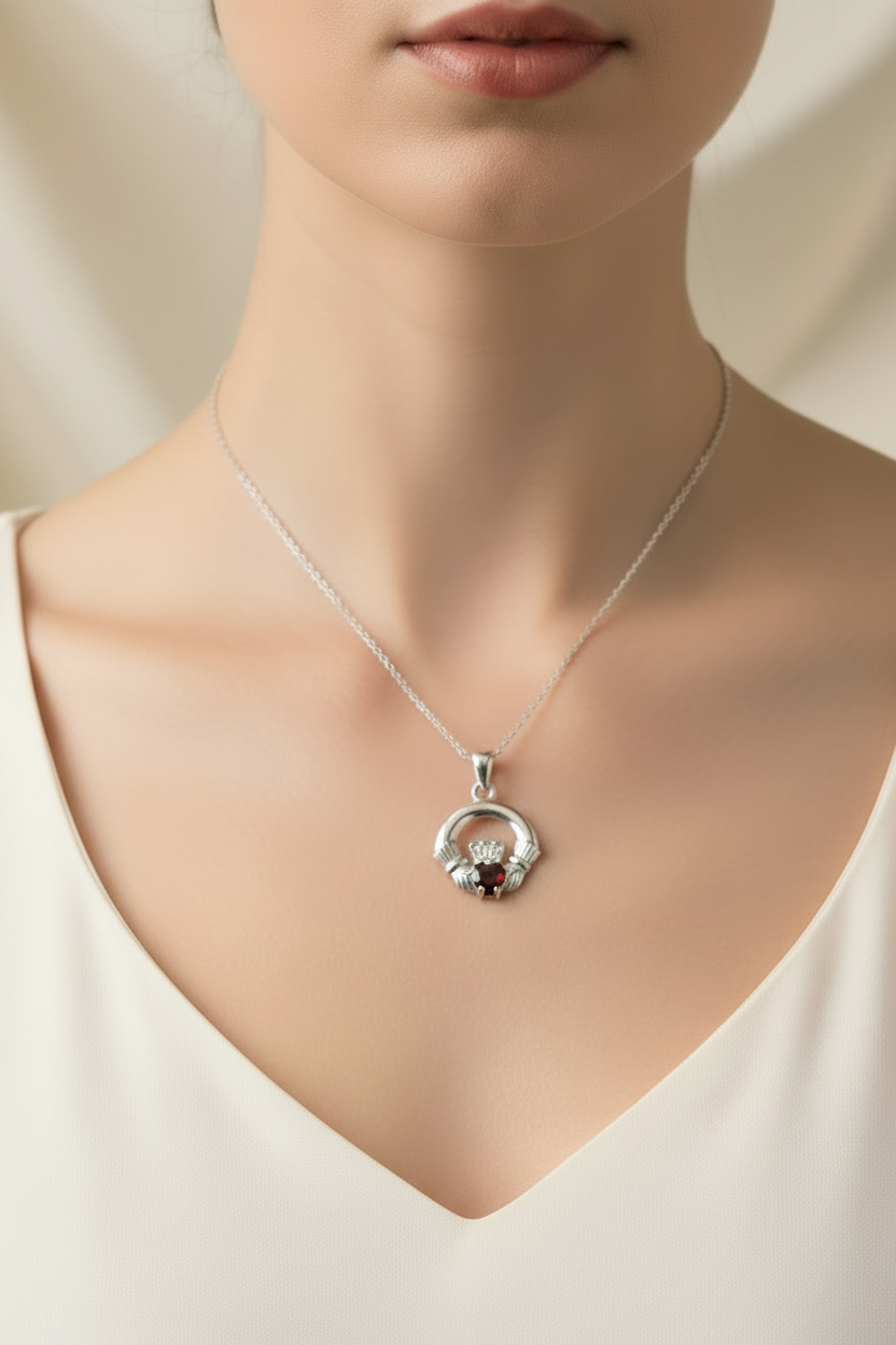 9CT White Gold Garnet Birthstone Claddagh Pendant.