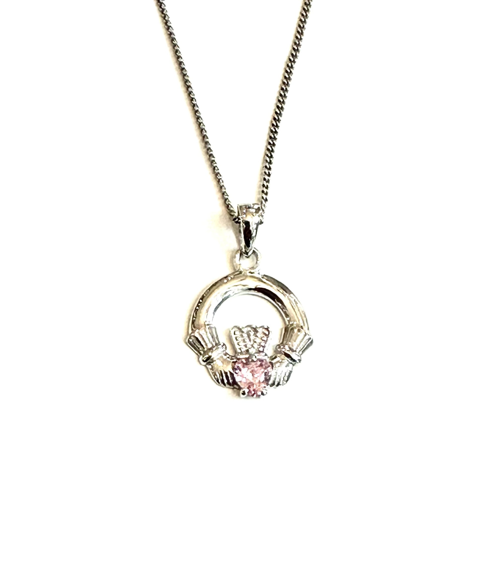 9CT White Gold Pink Birthstone Claddagh Pendant