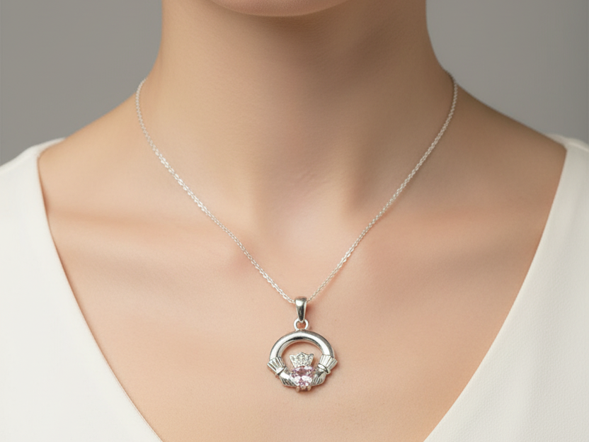 9CT White Gold Pink Birthstone Claddagh Pendant